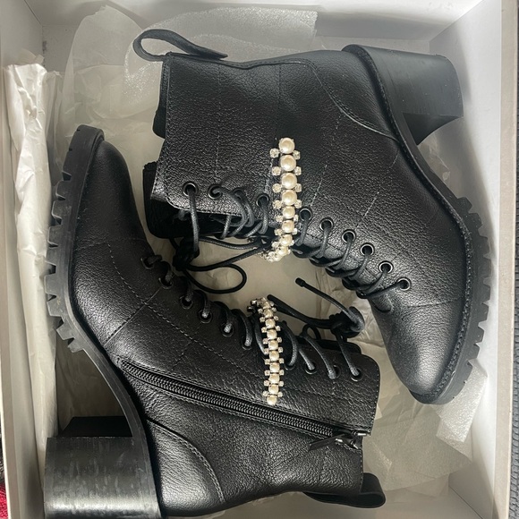 Jimmy Choo Black Cruz 65 Combat Ankle Boots with Crystal Pearl Strap - Picture 7 of 7